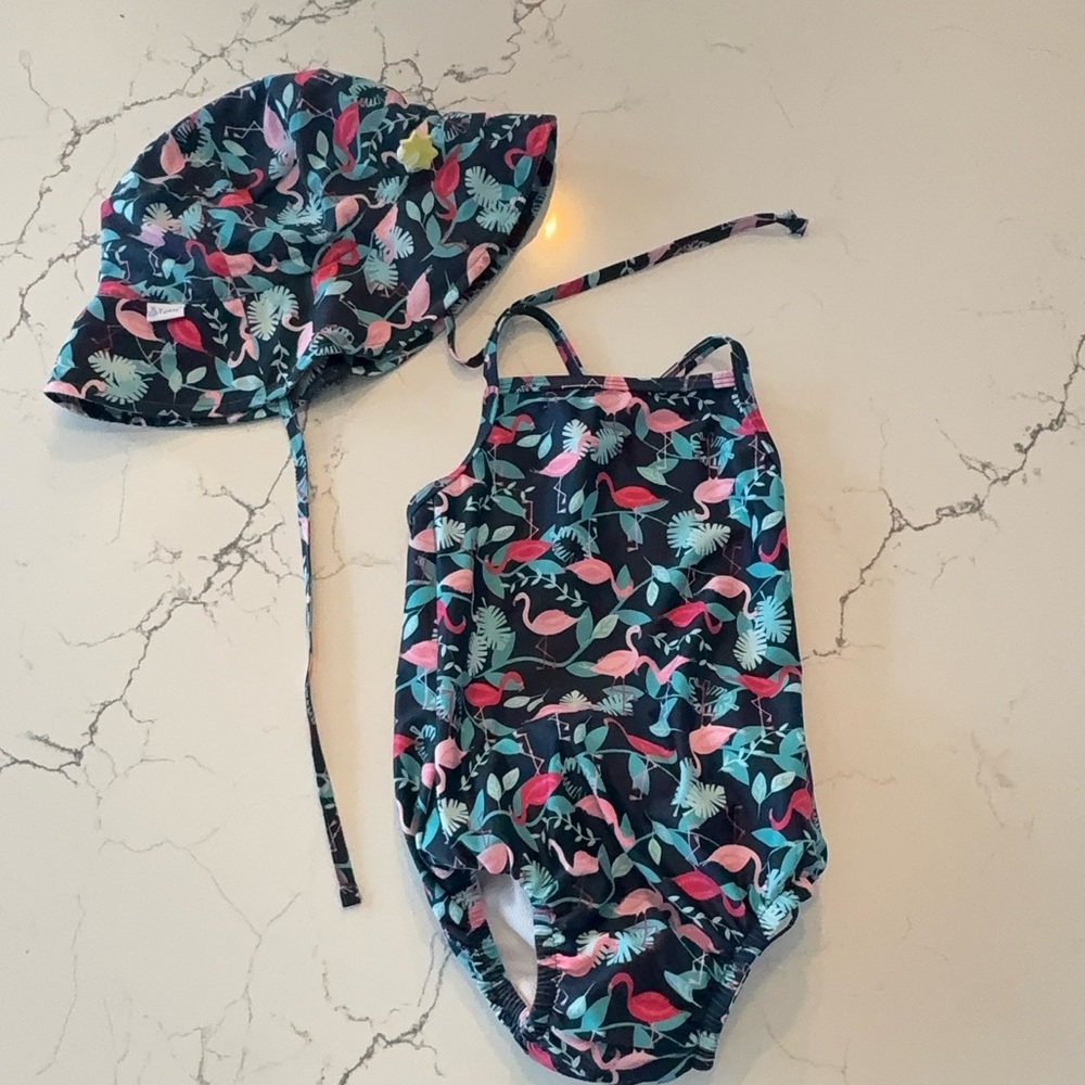 i play. Kids Swim One Piece with Hat - Blue and Pink Flamingo Print